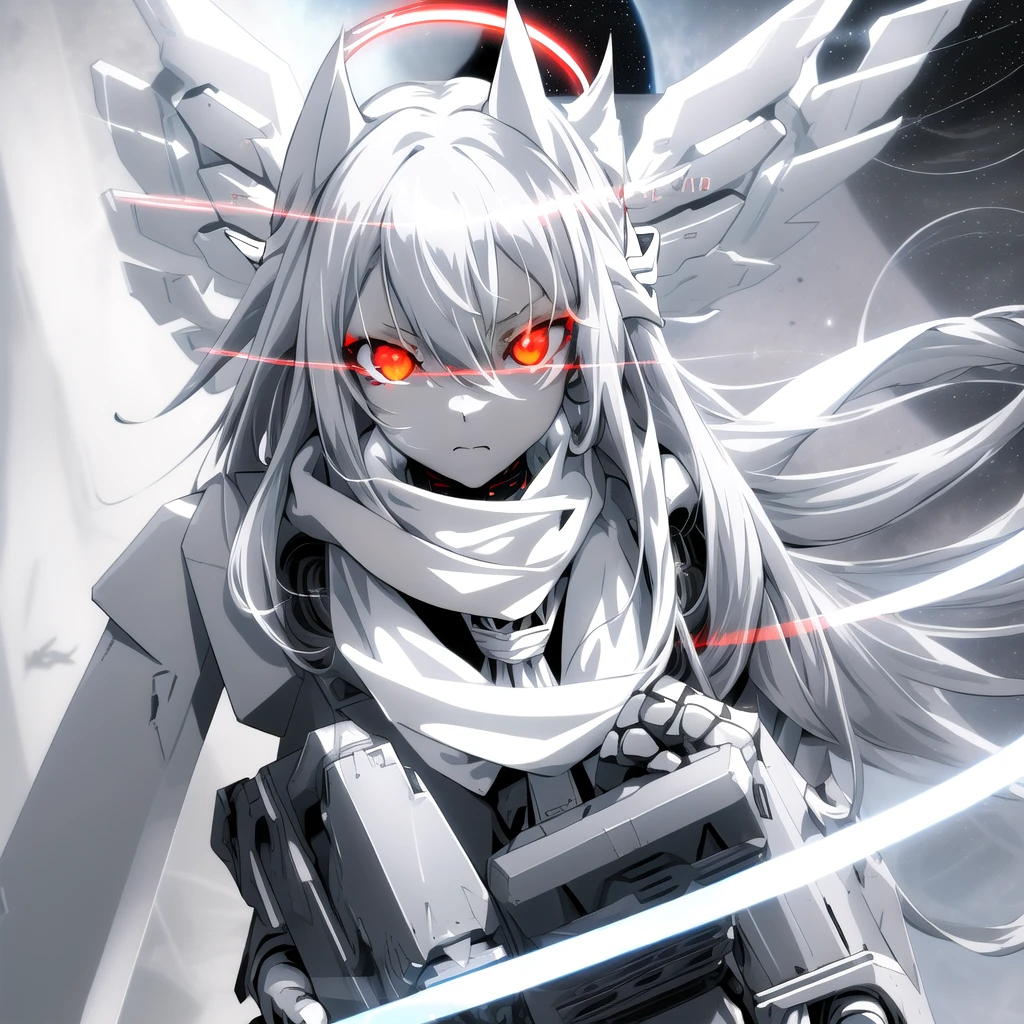 masterpiece, highest quality, highest resolution, clear_image, detailed details, White hair, long hair, cat ears, 1 girl, red eyes, light blue glowing military gear, white scarf (white scarf around the neck), gray futuristic halo (gray halo over the head), white futuristic wings, holding rifle, cute, no water marks, outer space (earth's orbit)