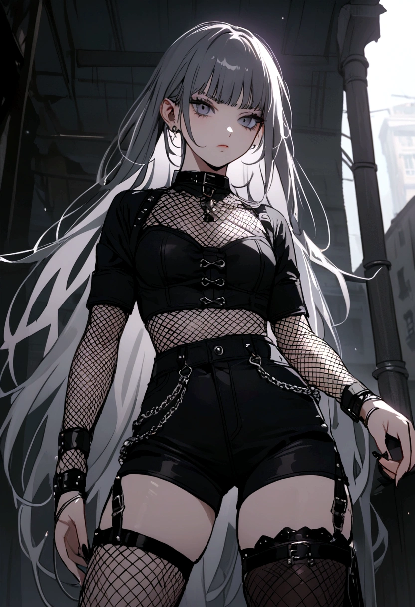 photography of a 20yo woman, perfect face, goth girl girl, shorts and fishnets