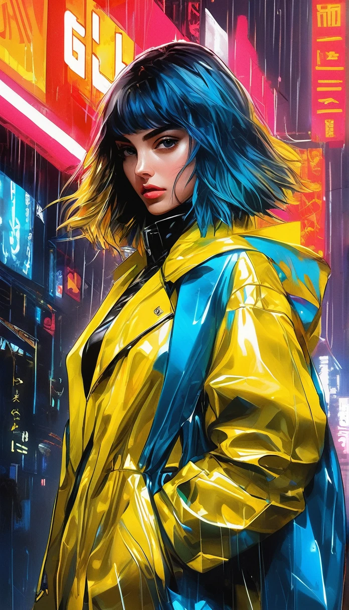 Medium shot anime artwork::In the world of cyberpunk, Blade Runner 2049 Ana de Armas as Joy, Over a black leather mini dress、wearing a clear plastic yellow raincoat, Medium bob haircut with blue hair, Pouting, Fascinating、Fascinating、Sharp Eye, Porcelain-like skin, 
Deep color gradation, Super detailed, Complex, Epic anime art on Behance
 