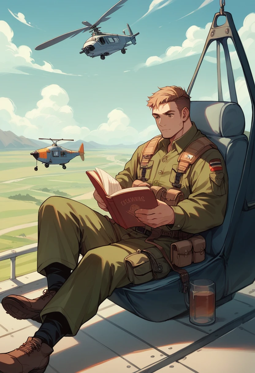 soldiers sitting reading books, around a helicopter that is parked in a helicopter 
