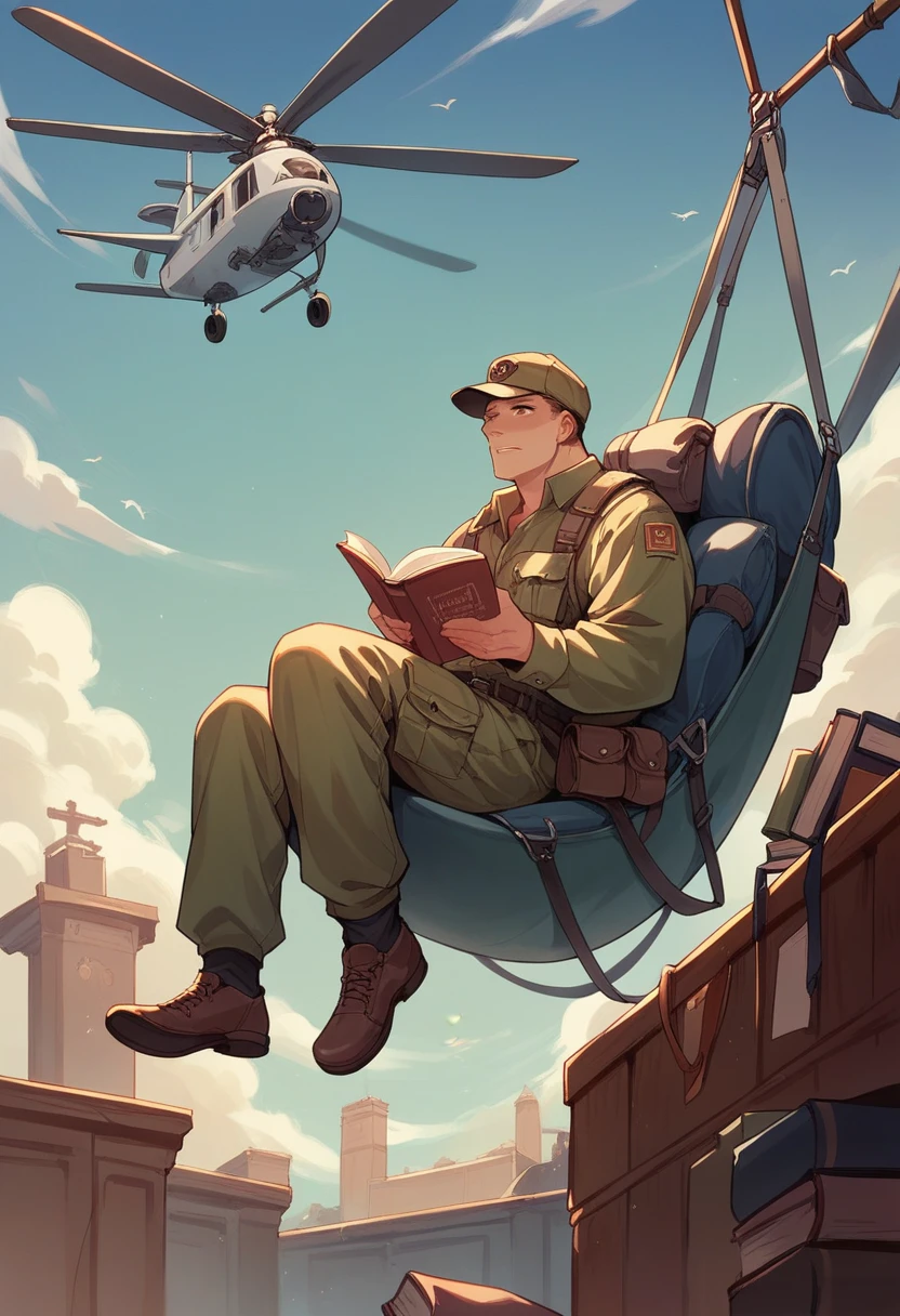 soldiers sitting reading books, around a helicopter that is parked in a helicopter