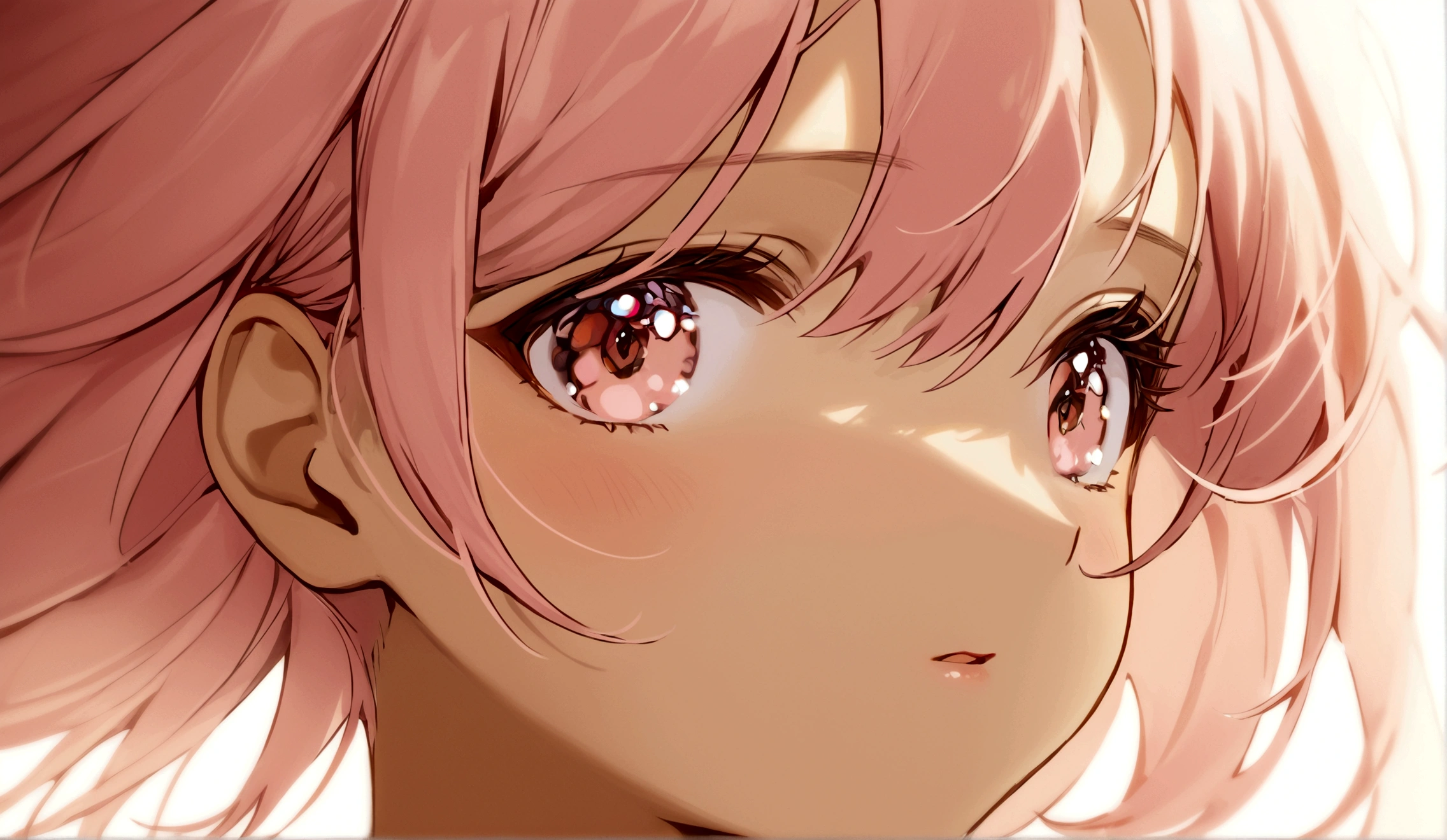 very close up of a woman's plump, glossy lips. light skin, soft lighting, pink lips,