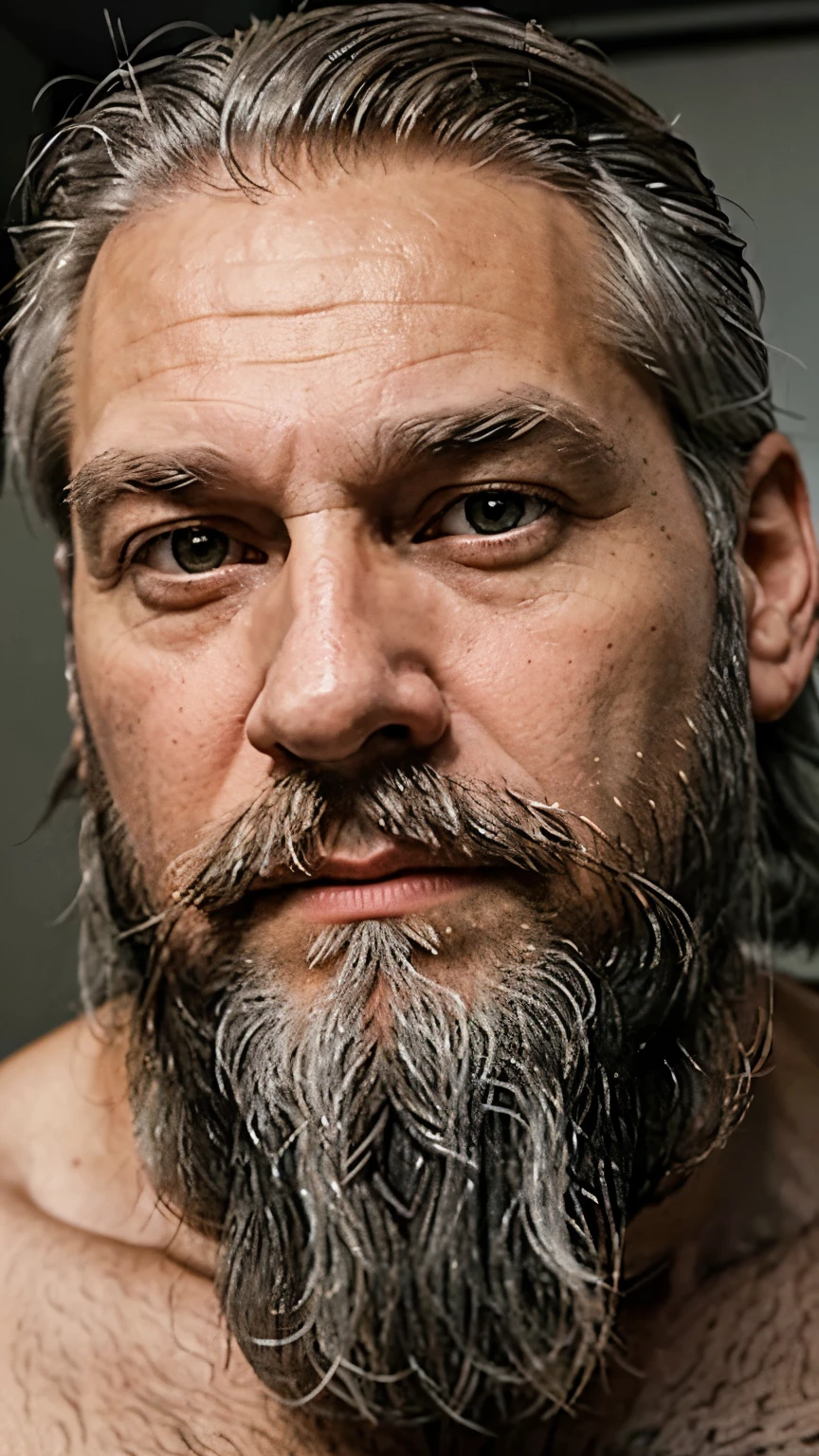 there is a man sitting on a bed holding a cell phone, short white beard, full white beard, 5 0 years old man, neat white beard and hair, some grey hair in beard, 45 years old men, very long white beard and hair, low quality video, old gigachad with grey beard, he has a beard and graying hair