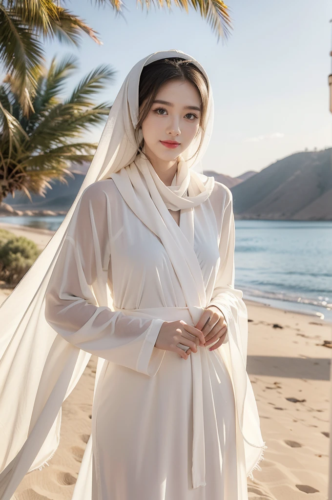 (((best quality))),(((ultra detailed))),(((masterpiece))),illustration,1 Arabian girl, beautiful,solo,slim,thin,small breasts,flat chest,summer, desert,white headscarf,white sheer abaya,radiant smile, fair complexion, sun rays, gentle breeze, elegant attire, practical robe, delicate headdress, vast expanse, golden sand, azure sky, rolling dunes, stillness, rustling robe, distant bird, natural landscape, graceful elegance