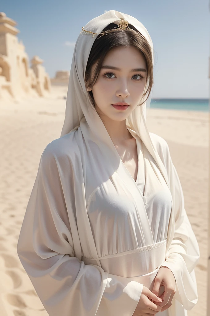 (((best quality))),(((ultra detailed))),(((masterpiece))),illustration,((A beautiful Muslim girl,solo)),((slim,thin)),summer,(in desert:1.3),white headscarf,(white abaya:1.3),(standing:1.3),(laughing:1.3),fair complexion,sun rays,gentle breeze,elegant attire,vast expanse,golden sand,azure sky,dunes,stillness,graceful elegance,(from front:1.3),(upper body:1.3),(small breasts:1.2),(flat chest:1.2),(arms behind back:1.2),(cleavage:1.3)