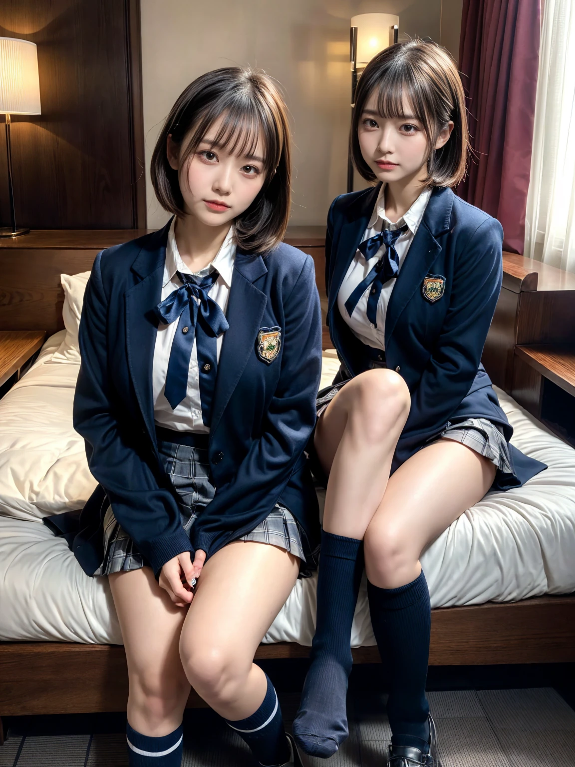 (8K, RAW Photos, Highest quality, masterpiece:1.2), masterpiece, super detailed, super high quality, (Realistic and photorealistic photography:1. 37), High-resolution RAW color photos, Very delicate and beautiful, highly detailed, 8k wallpaper, wonderful, detailed, Very eye, very detailed, very detailed skin, very thin fingers, very detailed nose, very detailed mouth, Perfect Anatomy, BREAK, (2 girls, japanesgirls:1.2), Colossal tits, short bob hair, black hair color, huge breasts, very huge round breasts, Beautiful makeup, glitter makeup, Big Natural Color Lip, perfect body shape, crying a little, beautiful legs, beautiful legs, Voluptuous thighs, BREAK, High school girl uniform, blazer, Super Short Check Uniform Skirt, Navy blue high socks, BREAK, The background is a luxury hotel room