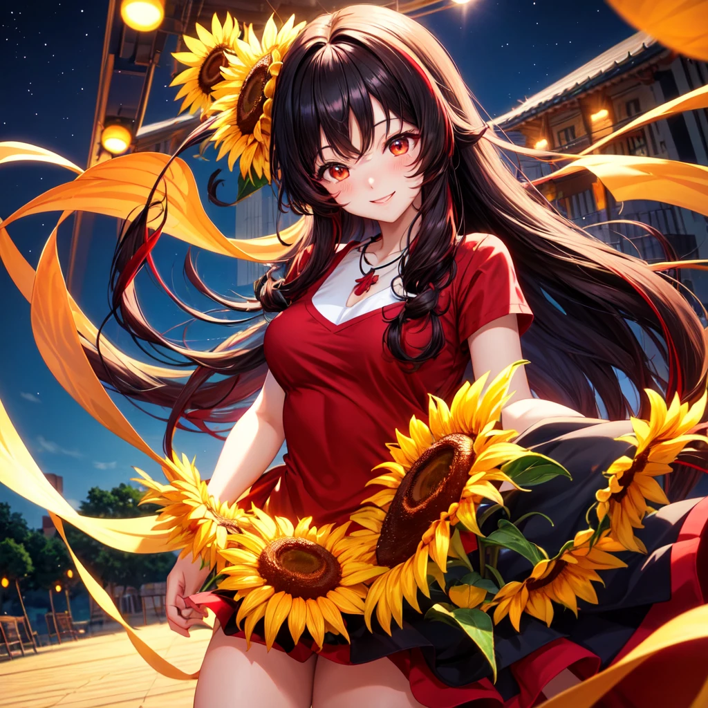anime panel, woman, Korean, long black curly hair with red highlights, red, slanted eyes, casual clothes, black tank top, ear piercing, necklace, hair illuminated by sunlight, background sunflower field, smiling showing teeth, blushing