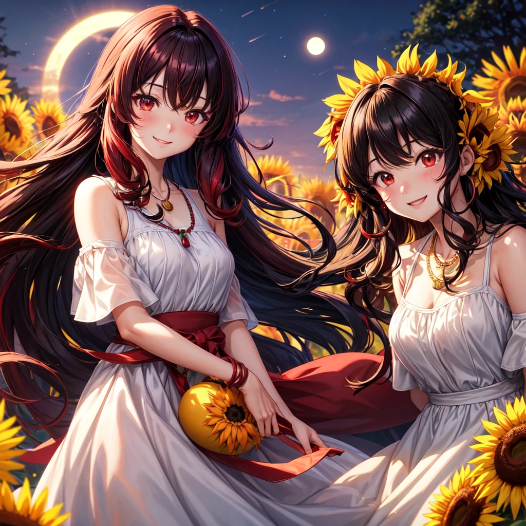 anime panel,upper body, 1girl,solo Korean, black curly hair with red highlights(long hair), sunflower hair clip, red slanted eyes, dress, necklace, hair illuminated by moonlight, park background , blushing, smiling,