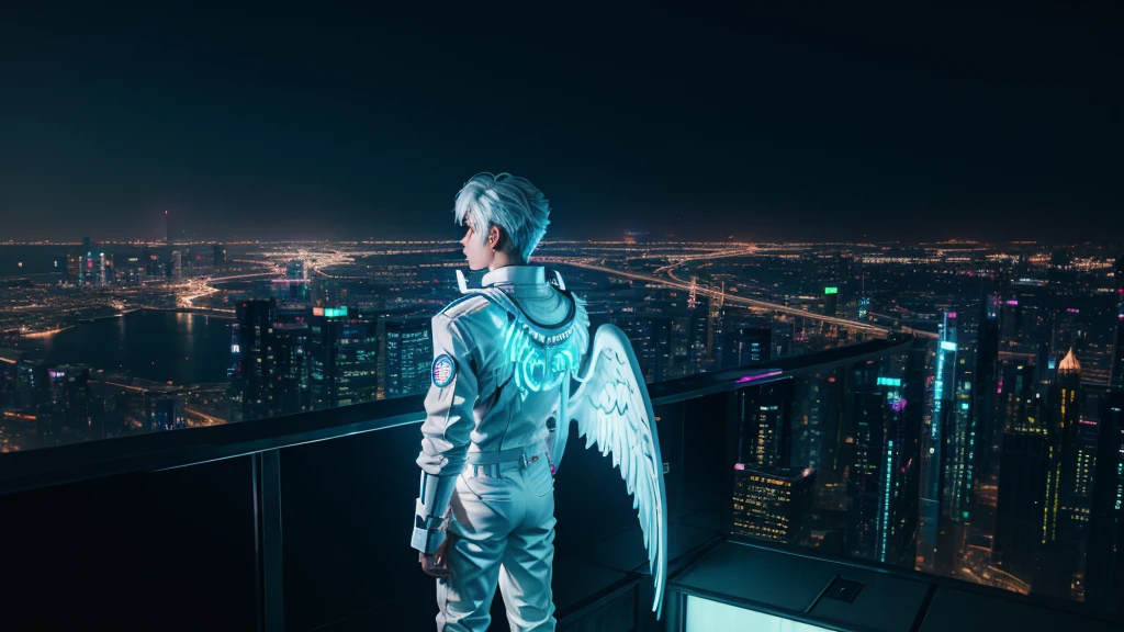 angel boy in white standing on the rooftop of a skyscraper looking down to the city streets, cyberpunk, neon lights, 4k, realism, high definition