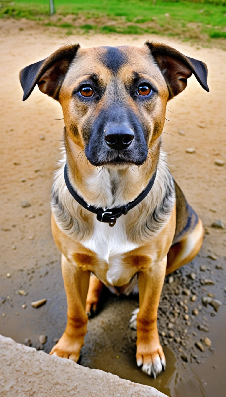 There is no one, realistic photo, photo realism, realism, Crubru de Portugal(Castro Laboreiro Dog), perfect composition, intricate details, Very sharp, masterpiece, profile, high resolution, looking at the viewer, Full body photo in the dog park