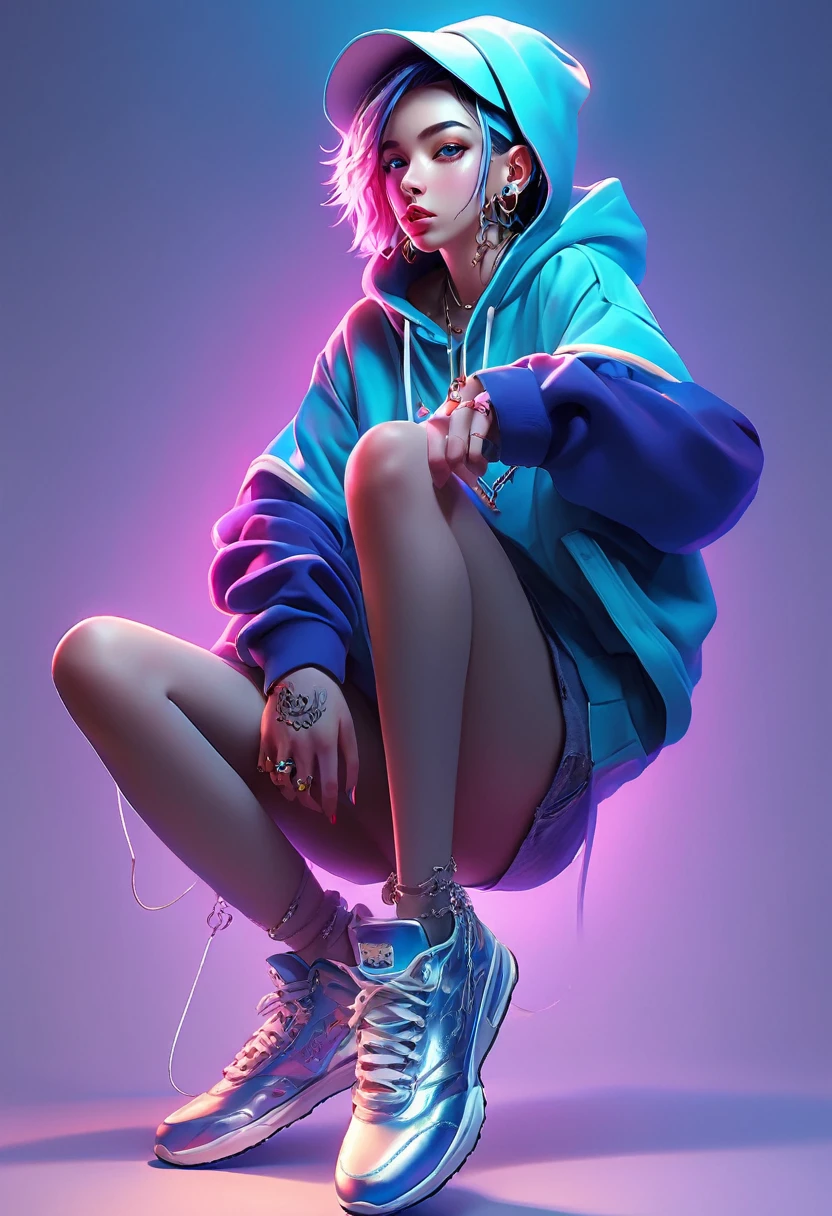Plain Background Anime Portrait, One girl, Dynamic Lighting, Lighting flat anime style, 2D, Studio Illustration Masterpiece, Highest quality, hoodie, Girls Shots, Standing pose, whole body, Silver or gold necklaces and thin rings,
sneakers, Ahoge, , Beautiful and attractive anime teen, Bad boattoo, Nose Piercing, Lip Piercing