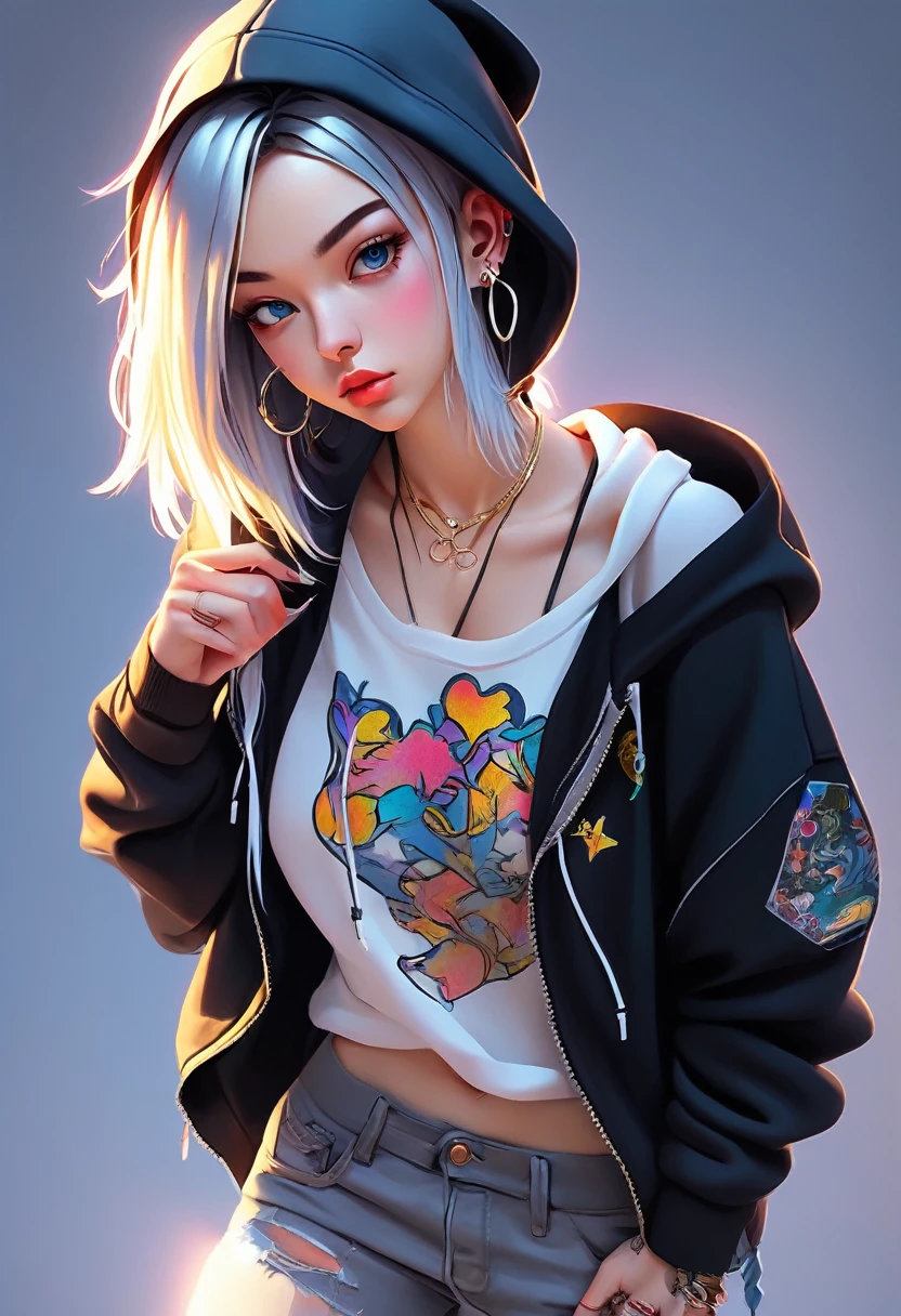 Plain Background Anime Portrait, One girl, Dynamic Lighting, Lighting flat anime style, 2D, Studio Illustration Masterpiece, Highest quality, hoodie, Girls Shots, Standing pose, whole body, Silver or gold necklaces and thin rings, 
sneakers, Ahoge, , Beautiful and attractive anime teen, Bad boattoo, Nose Piercing, Lip Piercing