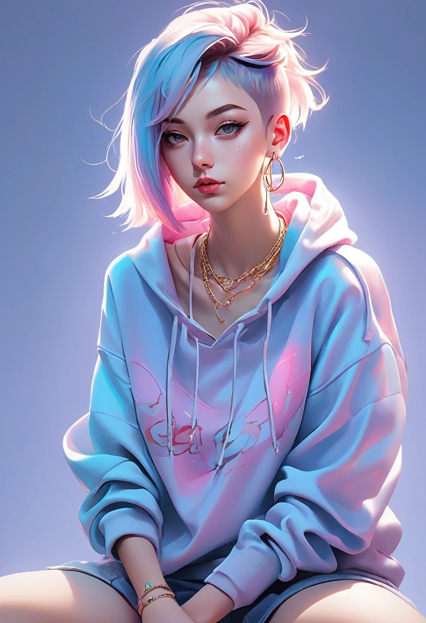 Plain Background Anime Portrait, One girl, Dynamic Lighting, Lighting flat anime style, 2D, Studio Illustration Masterpiece, Highest quality, hoodie, Girls Shots, Standing pose, whole body, Silver or gold necklaces and thin rings, 
sneakers, Ahoge, 16 years old, Beautiful and attractive anime teen, Bad boy, Tattoo, Nose Piercing, Lip Piercing