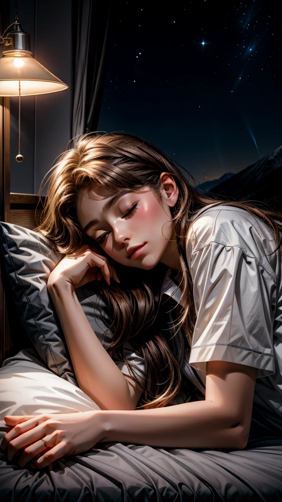 Sleeping teenage girl posing lying on white bed, Head on the pillow, dark night sky in mountain cave, rotation of light, rotation of the lamp, 22yo, ultra realisic, She is wearing pajamas, Brown hair. Perfect hands and perfect fingers. Perfect details of caravan truck