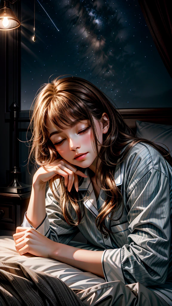 Sleeping teen girl lying posing inside the caravan truck beside the caravan truck door, head on pillow, dark night skies in the mountain cave, turn of the light, turn of the lamp, 22 years old, ultra realistic, she is wearing pajama, brown hair. Perfect hand and perfect fingers. Perfect details of caravan truck