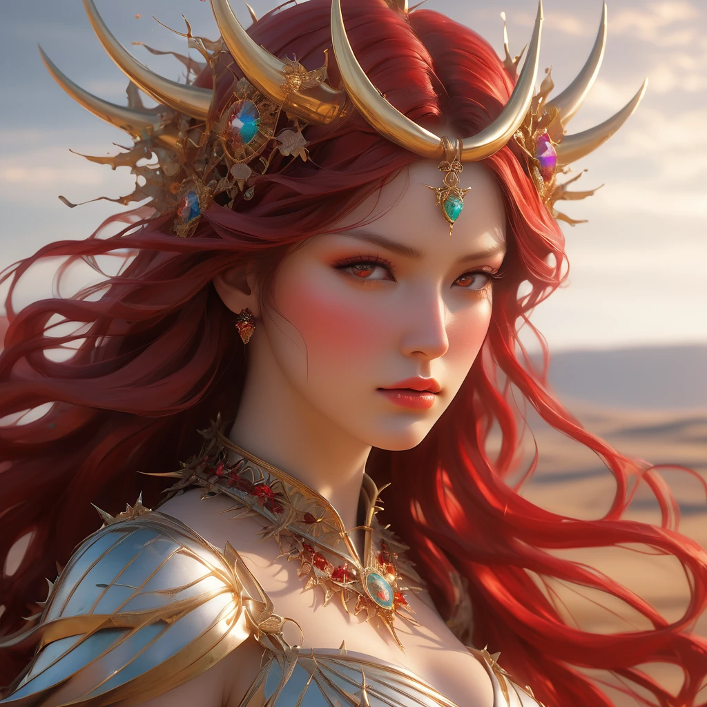 Midjourney: In the center of a chaotic, swirling world, a figure stands, a work of art in itself. Her face is a masterpiece of sorrow, her eyes a deep, crimson red, as if they've been etched with pain. Her body is a sculpture of intricate detail, crafted from golden and bronze wire, with a swirly pattern that seems to move with the wind.
Around her neck, a collar of spikes glints in the light, like a crown of thorns. Her horns, made of glass, are curved and delicate, like the petals of a flower. They shimmer in the sunlight, casting a rainbow of colors on the ground.
Behind her, the world seems to melt and flow, as if the very fabric of reality is being torn apart. Red and white polka dots dance across the horizon, like a frenzied dance of destruction. The air is thick with the scent of molten lava, and the ground beneath her feet seems to tremble with the weight of her sorrow.
As she stands, her eyes fixed on the horizon, it's clear that this figure is a work of art, a sculpture of beauty and pain, a testament to the power of the human spirit to endure even in the face of chaos.