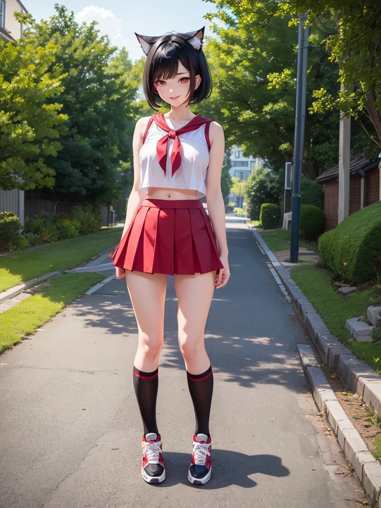 Stunning beauty young girl, short black hair, red pupils, Wearing nekomimi, serafuku, knee socks, and sneakers. Beautiful navel, beautiful thighs, beautiful legs. Looking at Viewer, Smug smile. HD image, wide angle, full body, top to toe, very detailed anatomy, very detailed clothes, very detailed background, a masterpiece.
