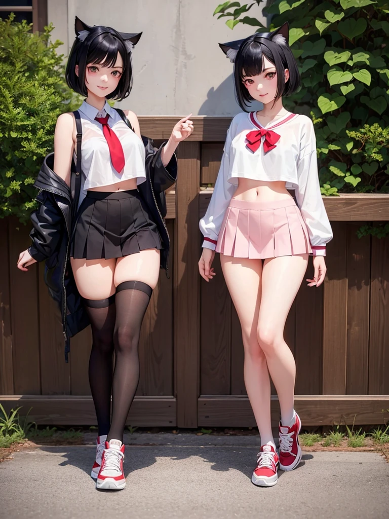 Stunning beauty young girl, short black hair, red pupils, Wearing nekomimi, serafuku, knee socks, and sneakers. Beautiful navel, beautiful thighs, beautiful legs. Looking at Viewer, Smug smile. HD image, wide angle, full body, top to toe, very detailed anatomy, very detailed clothes, very detailed background, a masterpiece.