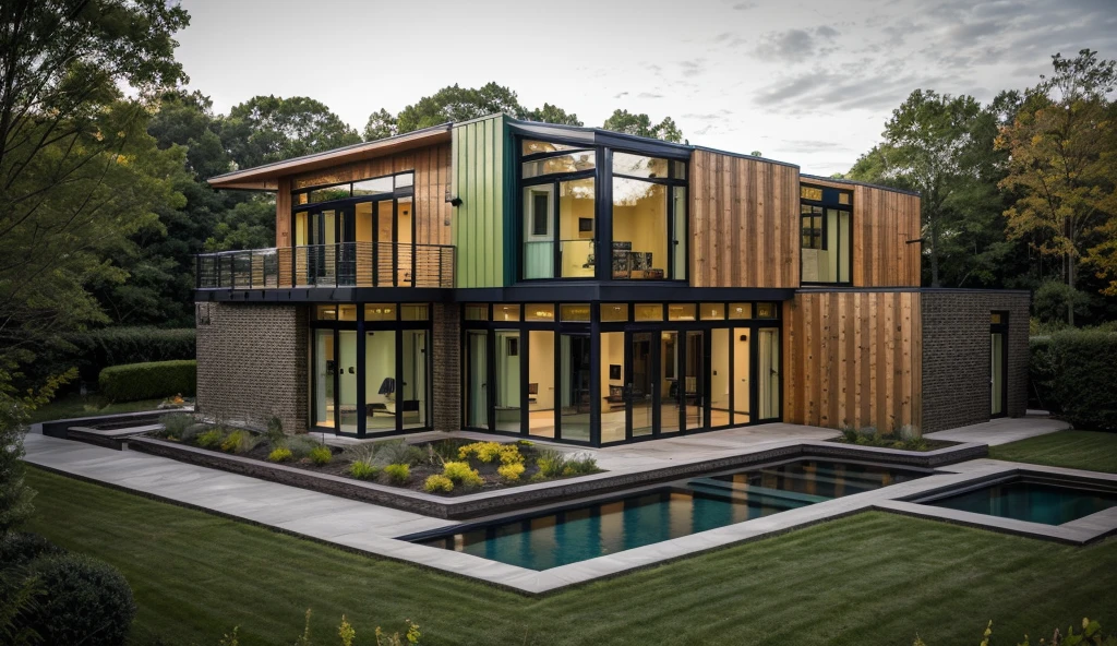 house exterior industry style, dark yellow and green color scheme, like an oldtime industry factory,raw materials, exposed structural elements, and simple, clean lines,rough-hewn steel, polished concrete, glass, and exposured brick,