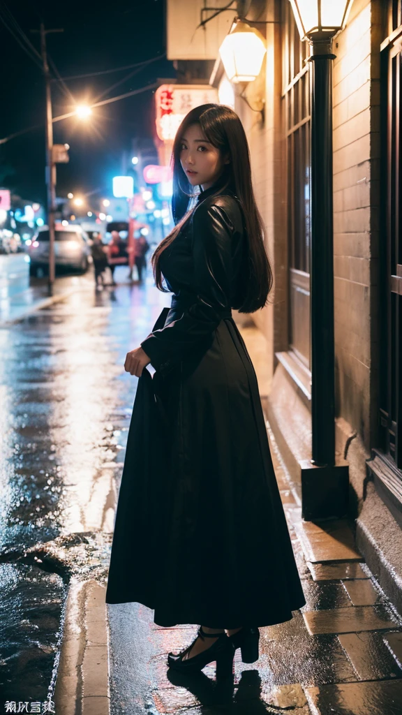 1 Girl,独自of,Long hair,Long skirt,湿of头发,黑暗of,Polaroid,(depth_of_site:1.5),rain,outdoor,street,,Mood lighting,Tyndall effect,light,night,lamp post,lens flare,Available light,Rim Light,发光of霓虹灯,Chinese_style,