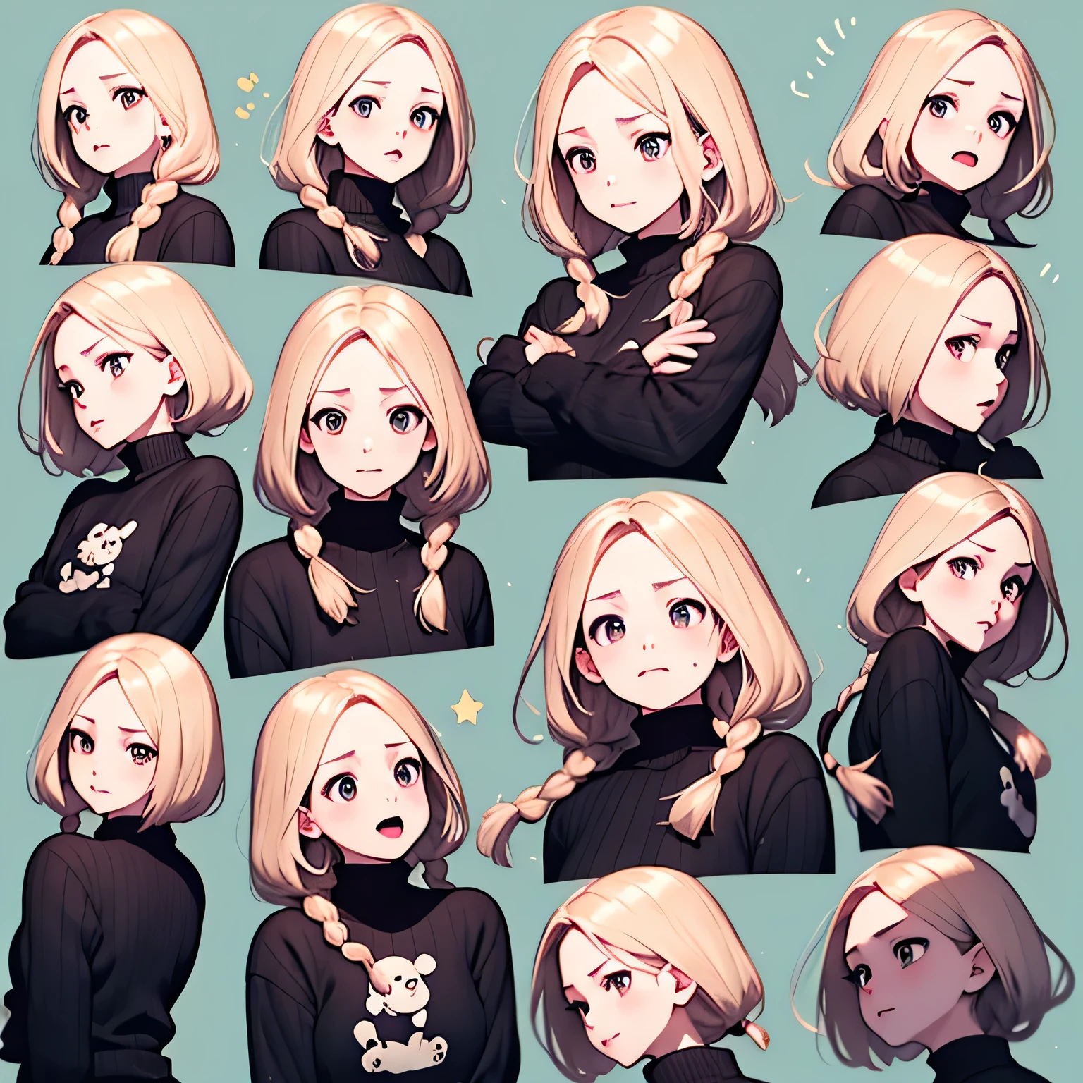 blonde hair,Emoticon pack,9 emojis,emoji sheet of,Align arrangement,multiple postures and expressions(grieves,astonishment,having fun,exhilarated,giggles,Sell moe, waiting,expecting),anthropomorphic styles,Disney style,Black strokes,differentemotions,multiple postures and expressions,8K,sigh, grin, tongue out, fume, scowl, yandere, fang out, full-face blush, sobbing,(with a pure white background:1.2),simplebackground,solid color backdrop,(extremely detailed eyes:1.3),(Same physical features:1.5),