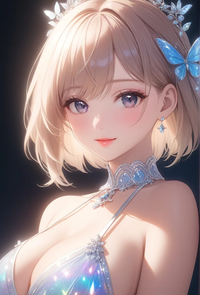 (8k, RAW photo, photorealistic:1.25) ,( lipgloss, eyelashes, gloss-face, glossy skin, best quality, ultra highres, depth of field, chromatic aberration, caustics, Broad lighting, natural shading,) looking at viewer with a serene and goddess-like happiness,bug breasts
