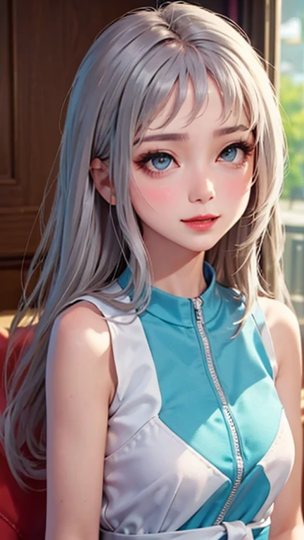 blush a little and smile, (Top quality masterpiece:1.2) Delicate illustrations, Very detailed, /Beautiful Japanese Women、1 person,Very cute and slim、Great style 、((8K images、super high quality))、Very delicate face, Skin and Hair、beautifule forehead、Red lipstick、(((((Mid-length hair、Silver Hair))))),Very cute Japanese cut face、Eyes and nose are clearly visible、Kind eyes,((((Sleeveless fashion))))