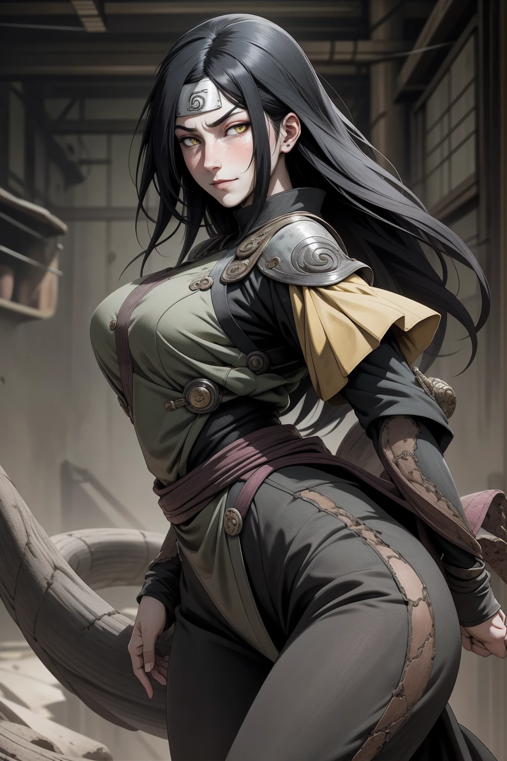 {-erro_de_anatomia:1.0} estilo anime, Masterpiece, absurdities, Orochimaru\(Naruto\), 1girl Solo, Mature woman, Oversized shirt with broad shoulders, Perfect composition, Detailed lips, large breasts, Beautiful face, body proportion, Blush, Long black hair, ( black hair), yellow eyes, (sexy), Soft gauze, Super realistic, Detailed, photo shoot, Realistic faces and bodies, masterpiece, best quality, best illustration, hyper detailed, 1 girl, solo, glamorous, blushing, whole body, fighting, on nature, backwards, looking back, dimanic poses