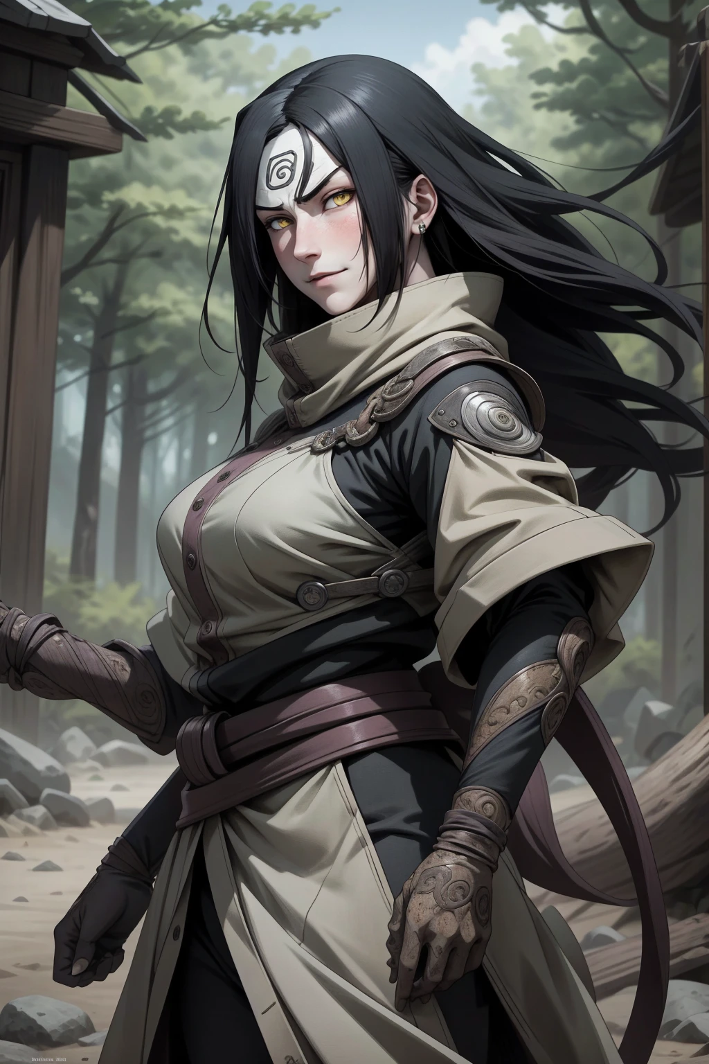 {-erro_de_anatomia:1.0} estilo anime, Masterpiece, absurdities, Orochimaru\(Naruto\), 1girl Solo, Mature woman, Oversized shirt with broad shoulders, Perfect composition, Detailed lips, large breasts, Beautiful face, body proportion, Blush, Long black hair, ( black hair), yellow eyes, (sexy), Soft gauze, Super realistic, Detailed, photo shoot, Realistic faces and bodies, masterpiece, best quality, best illustration, hyper detailed, 1 girl, solo, glamorous, blushing, whole body, fighting, on nature, backwards, looking back, dimanic poses