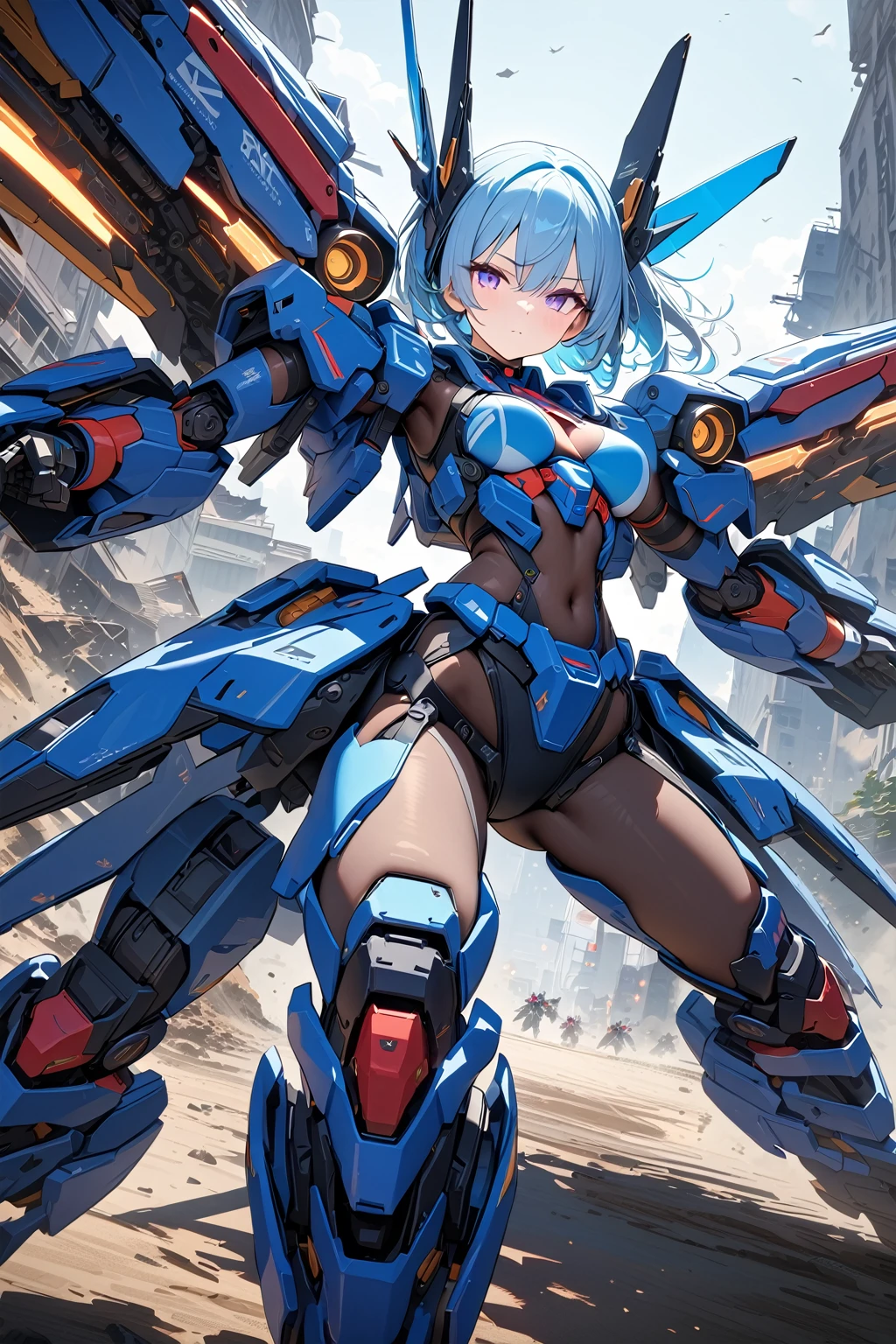 (masterpiece, best quality:1.5), (ultra detailed, high resolution, 8k, beautiful detailed, UHD, best anatomy), pale blue hair, medium breasts, mecha musume, Body made of machines, fighting formation, expressionless, An ominous place, attack preparedness