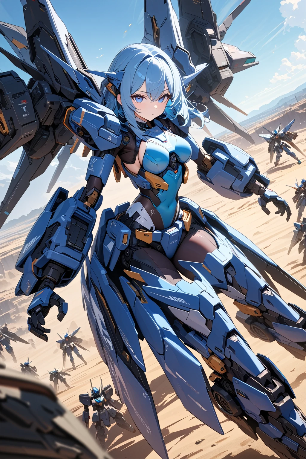 (masterpiece, best quality:1.5), (ultra detailed, high resolution, 8k, beautiful detailed, UHD, best anatomy), pale blue hair, medium breasts, mecha musume, Body made of machines, fighting formation, expressionless, An ominous place, attack preparedness