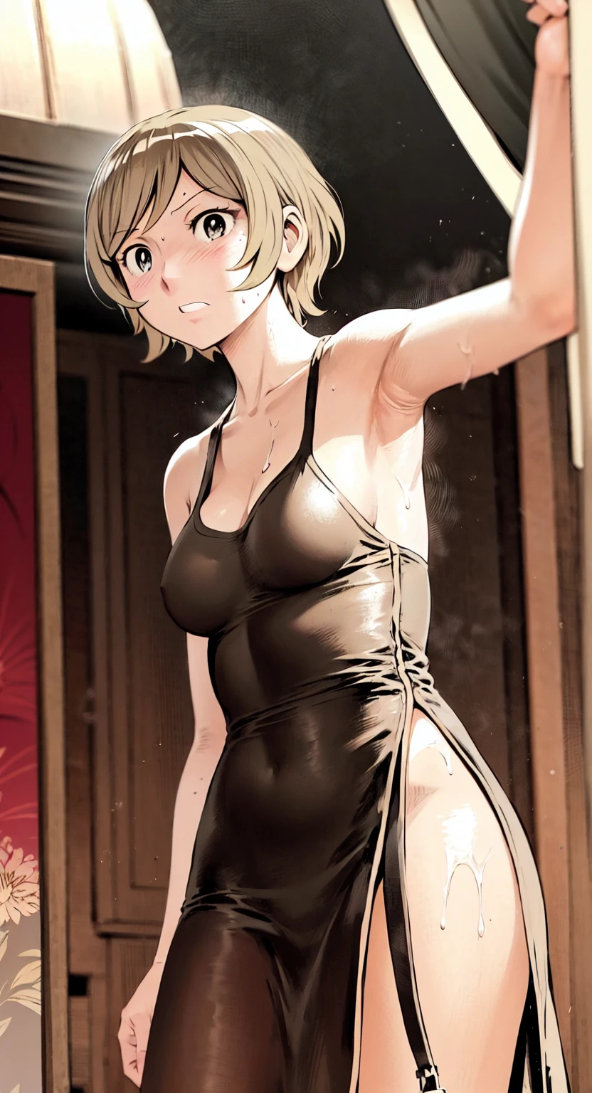 、(masterpiece、Highest quality)、Highest quality, Ultra-high resolution, (((masterpiece))), alone, Sweat、Big eyes, Please show me your armpits, No sleeve、Outdoor、Private Server、Floral dress、Composition from the front、(Cut the back hair short、short hair、blonde、woman)、Shortcuts、Embarrassed face、Cut your hair short、可愛いwomanの子、Big Breasts