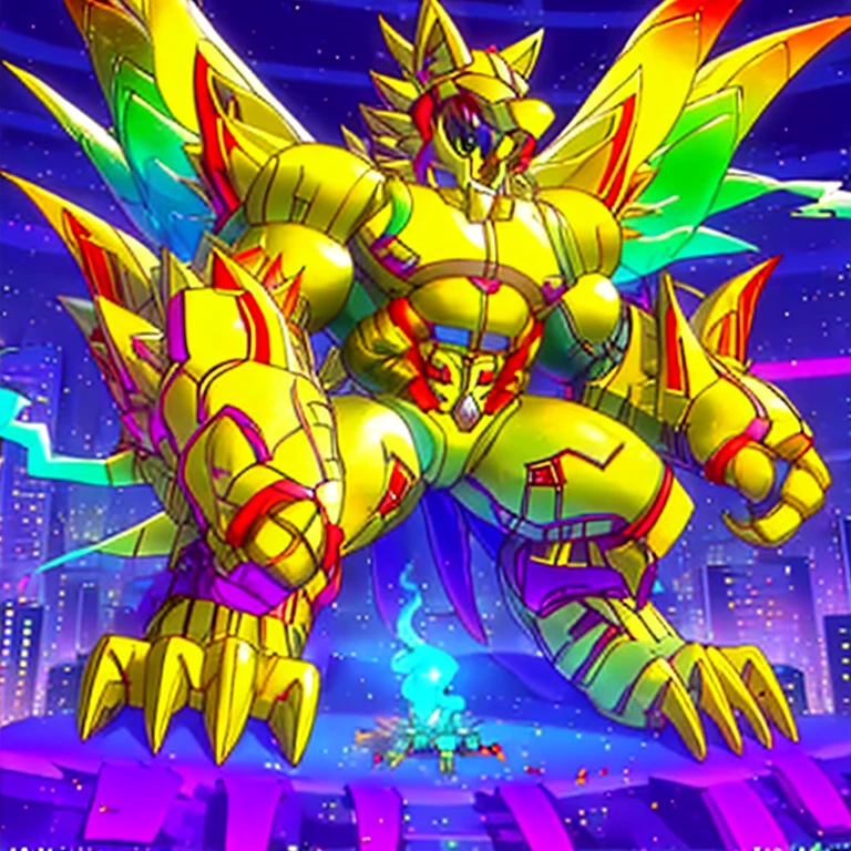 (masterpiece. official art. 8k. best quality. detailed full body. full body.)
(situation 1 : dominating The Phoenix Wolf. The Phoenix Wolf is over 1000 meters long. focus GIANT mechanical Muscular The Phoenix Wolf is trampling the car. Looking down.)
(situation 2 :smoke and flames rising from the destruction in the city)
(Additional details 1: Wearing golden Armor. Cape. Helmet. real texture material. whole body shines like metal. emphasizes the muscles. suit fully made of metal.Robotic suit).
(Additional details 1.5: The arms are golden. The lower half of the body is golden. The wolf-shaped helmet has sharp fangs. The whole body is golden. There is a ring above the head.).
(Additional details 2: Detailed head. Detailed Body. Detailed abs. gigantic muscles. HYPER MUSCLES. Gigachad Muscular. big muscle. pecs. triceps. traps. unusually developed muscular body. body full of huge muscles. showing off muscles. pectorales enormes. Exaggeratedly huge muscles. huge muscles. long legs.).
(Additional details 3:Spread wings. It has wings. The claws are sharp. Sharp teeth.). He is laughing defiantly. The claws are sharp. Sharp teeth.).
(Additional details 3.5 : nj5furry, He is laughing defiantly. medieval armor.).