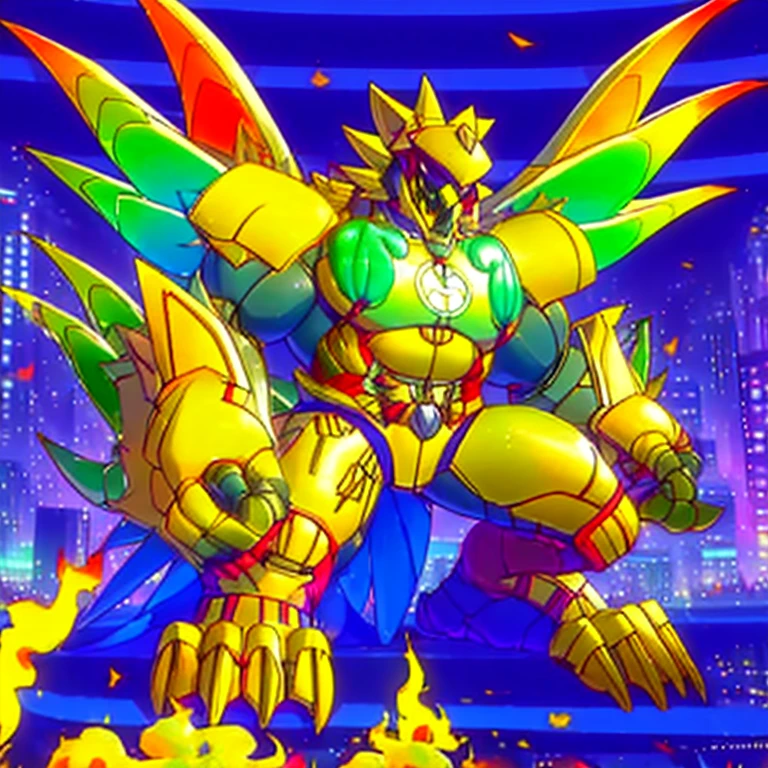 (masterpiece. official art. 8k. best quality. detailed full body. full body.)
(situation 1 : dominating The Phoenix Wolf. The Phoenix Wolf is over 1000 meters long. focus GIANT mechanical Muscular The Phoenix Wolf is trampling the car. Looking down.)
(situation 2 :smoke and flames rising from the destruction in the city)
(Additional details 1: Wearing golden Armor. Cape. Helmet. real texture material. whole body shines like metal. emphasizes the muscles. suit fully made of metal.Robotic suit).
(Additional details 1.5: The arms are golden. The lower half of the body is golden. The wolf-shaped helmet has sharp fangs. The whole body is golden. There is a ring above the head.).
(Additional details 2: Detailed head. Detailed Body. Detailed abs. gigantic muscles. HYPER MUSCLES. Gigachad Muscular. big muscle. pecs. triceps. traps. unusually developed muscular body. body full of huge muscles. showing off muscles. pectorales enormes. Exaggeratedly huge muscles. huge muscles. long legs.).
(Additional details 3:Spread wings. It has wings. The claws are sharp. Sharp teeth.). He is laughing defiantly. The claws are sharp. Sharp teeth.).
(Additional details 3.5 : nj5furry, He is laughing defiantly. medieval armor.).