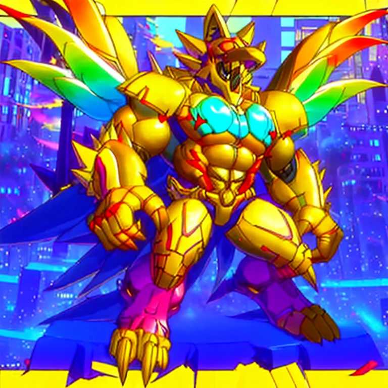 (masterpiece. official art. 8k. best quality. detailed full body. full body.)

(situation 1 : dominating The Phoenix Wolf. The Phoenix Wolf is over 1000 meters long. focus GIANT mechanical Muscular The Phoenix Wolf is trampling the car. Looking down.)

(situation 2 :smoke and flames rising from the destruction in the city)

(Additional details 1: Wearing golden Armor. Cape. Helmet. real texture material. whole body shines like metal. emphasizes the muscles. suit fully made of metal.Robotic suit).

(Additional details 1.5: The arms are golden. The lower half of the body is golden. The wolf-shaped helmet has sharp fangs. The whole body is golden. There is a ring above the head.).

(Additional details 2: Detailed head. Detailed Body. Detailed abs. gigantic muscles. HYPER MUSCLES. Gigachad Muscular. big muscle. pecs. triceps. traps. unusually developed muscular body. body full of huge muscles. showing off muscles. pectorales enormes. Exaggeratedly huge muscles. huge muscles. long legs.).

(Additional details 3:Spread wings. It has wings. The claws are sharp. Sharp teeth.). He is laughing defiantly. The claws are sharp. Sharp teeth.). 

(Additional details 3.5 : nj5furry,  He is laughing defiantly. medieval armor.). 