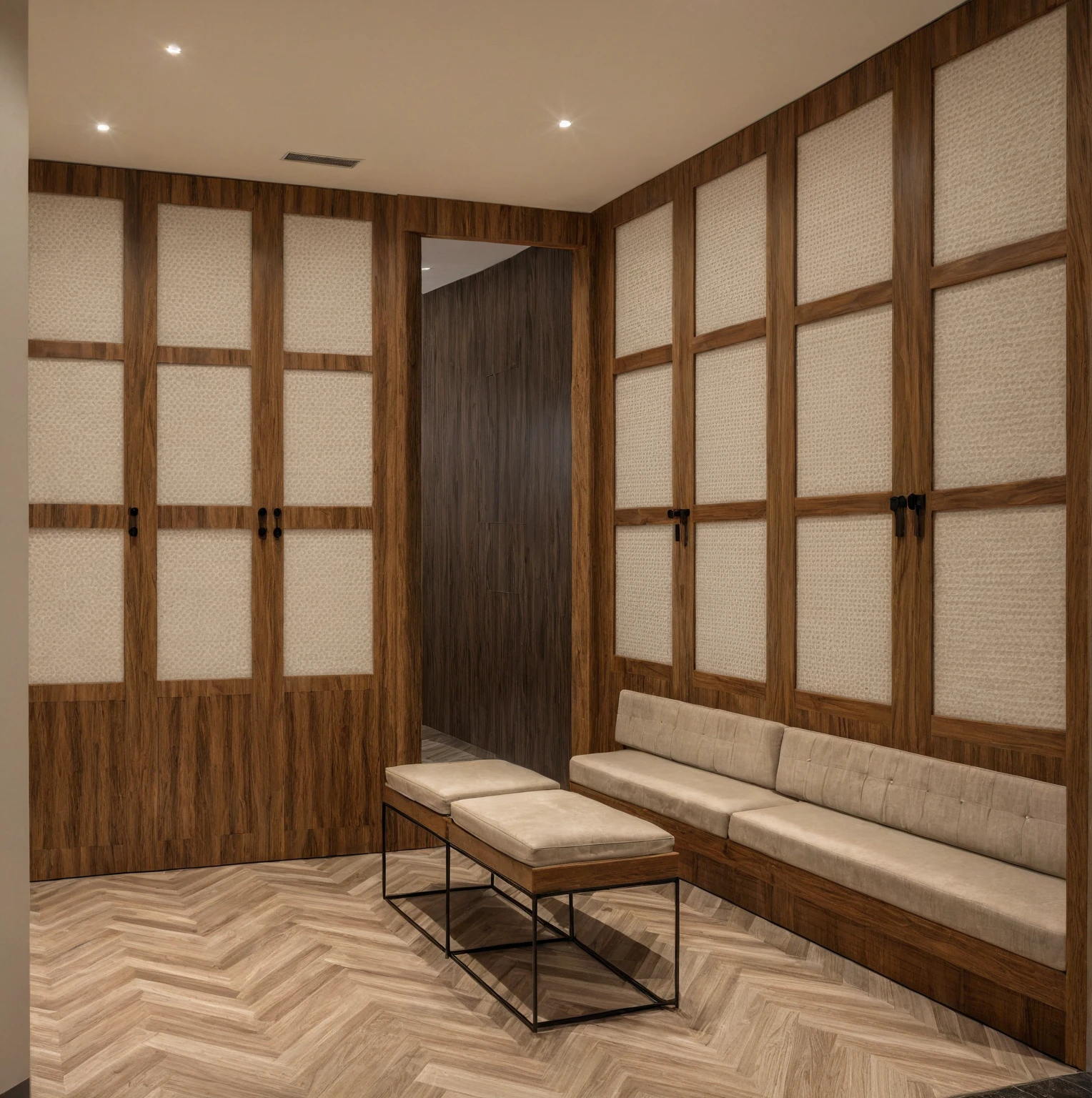 Raw photo, Masterpiece, high quality, best quality, authentic, super detail, interior, indoors,  style Indochine modern, minimalist line, wooden, walnut veneer wood, led light, white paint wall, sofa, daylight, atrium, LIVING ROOM, PEN HOUSE, closet