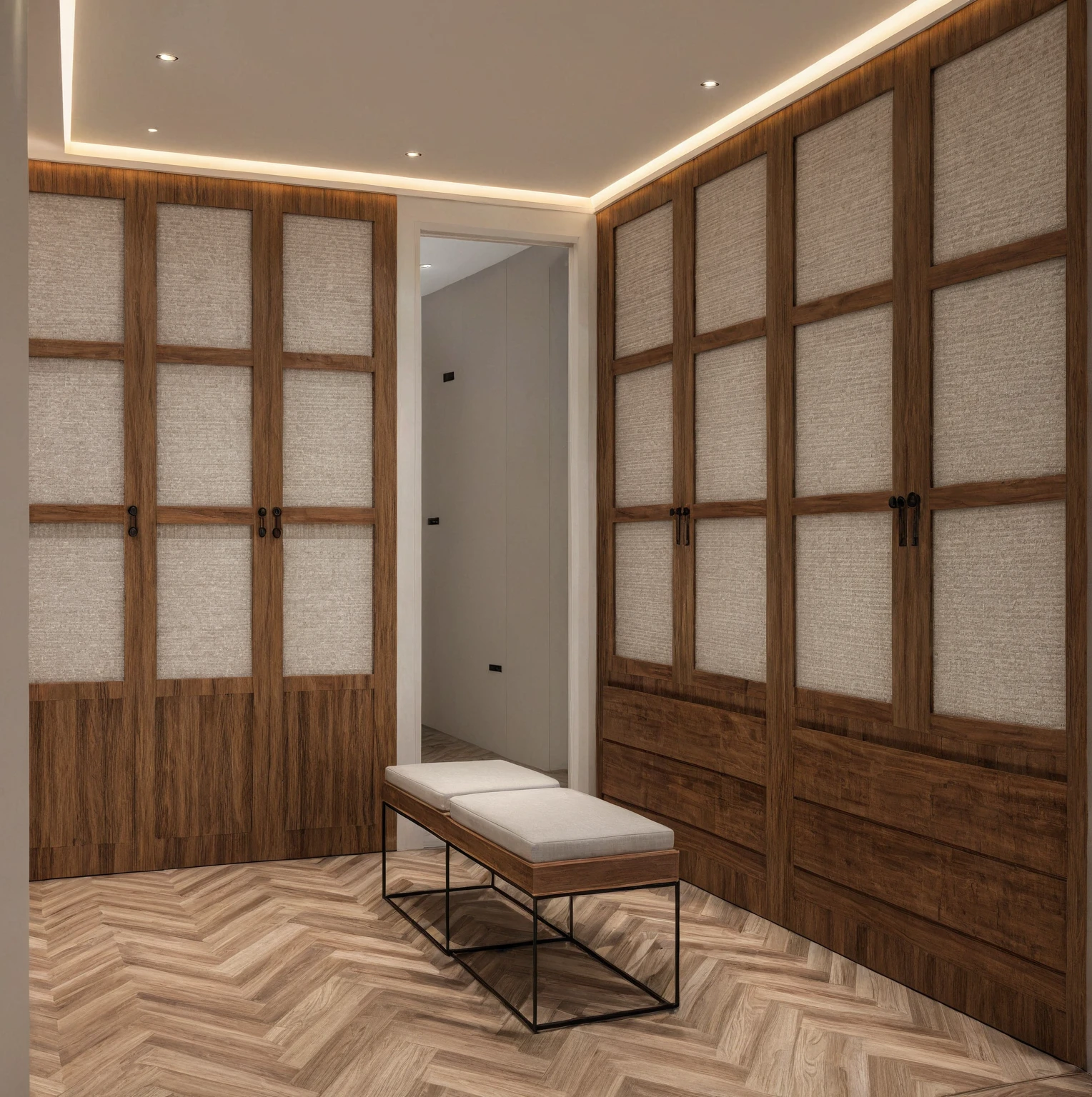 Raw photo, Masterpiece, high quality, best quality, authentic, super detail, interior, indoors,  style Indochine modern, minimalist line, wooden, walnut veneer wood, led light, white paint wall, sofa, daylight, atrium, LIVING ROOM, PEN HOUSE, closet