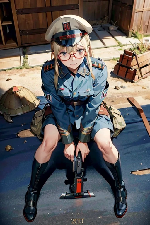 InquisitorKatarinyaGreyfax, 1girl, solo, detailed background, hat, desert battlefield backround, holding giant chainsaw, circular saw, weapon, armor, gauntlets, skull, axe, anime style,nice face,detailed eyes,skull shaped shoulder armor,action pose,intense fight, Photorealsitic、realistic skin textures、automatic rifle (mechanical armor with reference to a dung beetle), power pipes, hydraulic cylinders, ultimate intricate detail, Japanese female soldier in mechanical armor, very beautiful face, realistic, full body shot, sortie from secret base (8k, RAW photo, best quality, masterpiece:1.2), RanmaChan, RanmaRedShirt girl, cat ears, cat tail, (tears:1.1), exhausted, (parted lips:0.9), cute, medium breasts, (sideboob:0.9), sideless, torn frayed tattered tunic, torn frayed tattered socks, sitting, wariza, leaning forward, ruins, crumbling world, storm, black hole, puddle, sharp focus, looking at viewer, (intricate:1.1), (dark blue theme:1.1), (dark blue tone:1.1), (grey tone:1.1), illustration, (anime coloring:1.1), modesta, tiro remoto, Detalhe bonito rosto delicado, Olhos delicados bonitos detalhados, perfect facial proportions, High definition skin, pele fina, best four inch aspect ratio. Com um polegar, uma obra-prima, altamente detalhado, Realistic, (German World War II general uniform reference : 1.8), the highest facial resolution, , mulher modestamente vestida, vestido inteiramente, ( pequeno, cabelos pretos, black franja reta, super thin braids, franja reta, Red glasses, olho verde escuro, science fiction, Fighter aircraft, standing On the landing of a Fighter aircraft, the agency, uma personalidade profundamente inteligente, A calm expression, um rosto respeitoso, uma guerra, a Fighter aircraft