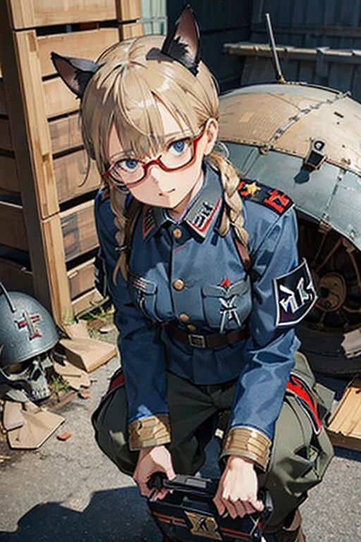 InquisitorKatarinyaGreyfax, 1girl, solo, detailed background, hat, desert battlefield backround, holding giant chainsaw, circular saw, weapon, armor, gauntlets, skull, axe, anime style,nice face,detailed eyes,skull shaped shoulder armor,action pose,intense fight, Photorealsitic、realistic skin textures、automatic rifle (mechanical armor with reference to a dung beetle), power pipes, hydraulic cylinders, ultimate intricate detail, Japanese female soldier in mechanical armor, very beautiful face, realistic, full body shot, sortie from secret base (8k, RAW photo, best quality, masterpiece:1.2), RanmaChan, RanmaRedShirt girl, cat ears, cat tail, (tears:1.1), exhausted, (parted lips:0.9), cute, medium breasts, (sideboob:0.9), sideless, torn frayed tattered tunic, torn frayed tattered socks, sitting, wariza, leaning forward, ruins, crumbling world, storm, black hole, puddle, sharp focus, looking at viewer, (intricate:1.1), (dark blue theme:1.1), (dark blue tone:1.1), (grey tone:1.1), illustration, (anime coloring:1.1), modesta, tiro remoto, Detalhe bonito rosto delicado, Olhos delicados bonitos detalhados, perfect facial proportions, High definition skin, pele fina, best four inch aspect ratio. Com um polegar, uma obra-prima, altamente detalhado, Realistic, (German World War II general uniform reference : 1.8), the highest facial resolution, , mulher modestamente vestida, vestido inteiramente, ( pequeno, cabelos pretos, black franja reta, super thin braids, franja reta, Red glasses, olho verde escuro, science fiction, Fighter aircraft, standing On the landing of a Fighter aircraft, the agency, uma personalidade profundamente inteligente, A calm expression, um rosto respeitoso, uma guerra, a Fighter aircraft