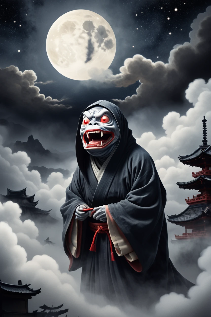 A yokai in a sumi-e painting style. It has a long forked tongue and glowing red eyes. It is floating in the night sky, surrounded by an eerie aura.

Additional details:

The yokai can be depicted in a crouching or standing position.
The background can be a dark starry night sky with clouds.
The yokai's body can be slightly translucent, allowing the viewer to see the stars and clouds behind it.
The yokai's aura can be depicted as a swirling mist or smoke.