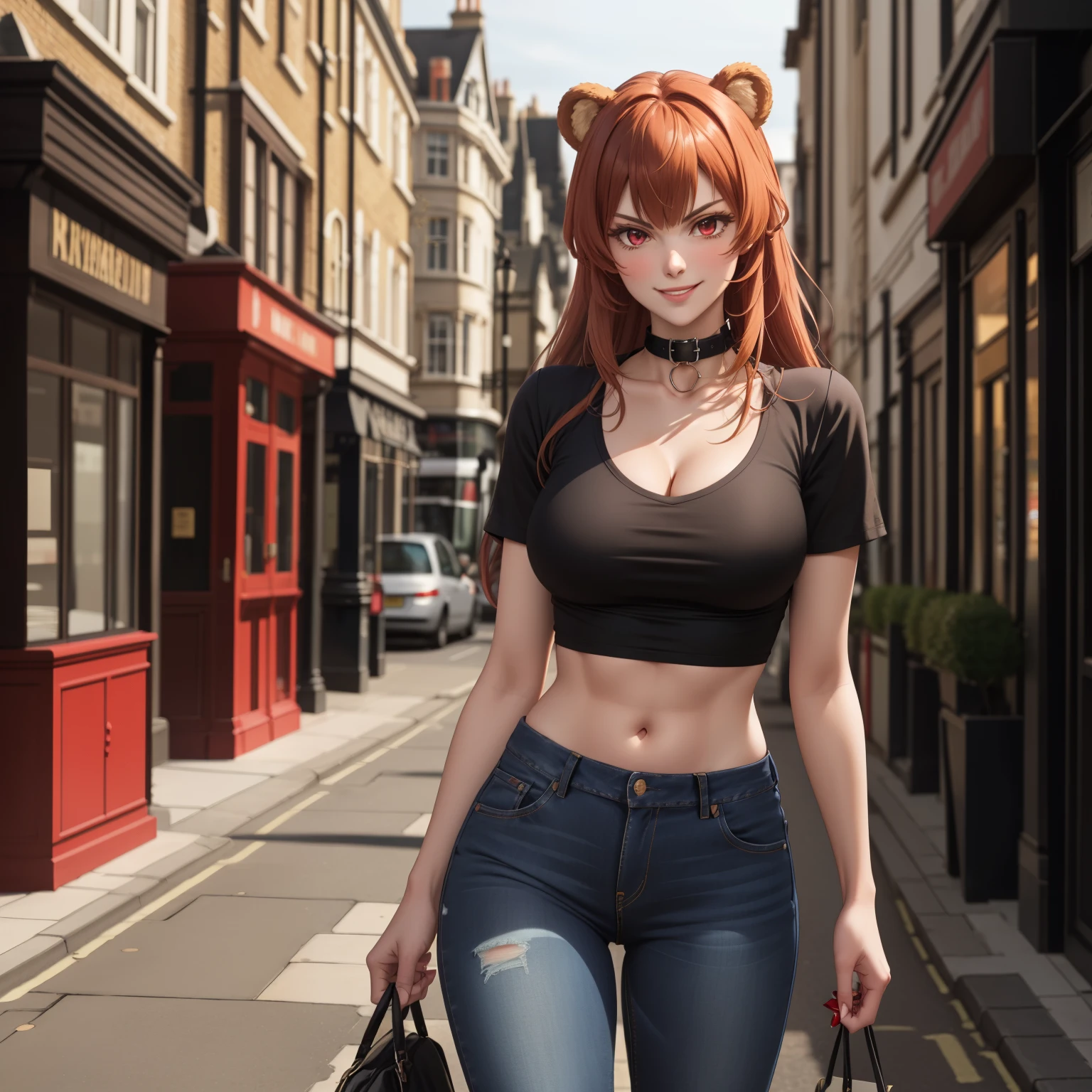 Woman 30 years old, orange hair , red eyes like rubies, sharp eyes, cocky smile, smug expression,, bear ears, big breasts,  low-cut black and red top, Skinny Jeans, collar, black and red choir tops,  London streets background.