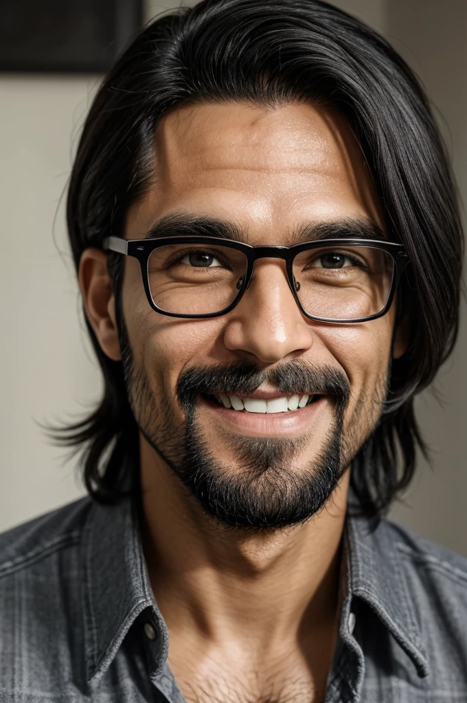 creates a man of 31-34 years, who uses rectangular lenses, but they only have a black frame below. This man has straight hair, with some gray hair, but his face is marked, has small eyes, but her smile is cute, has dimples