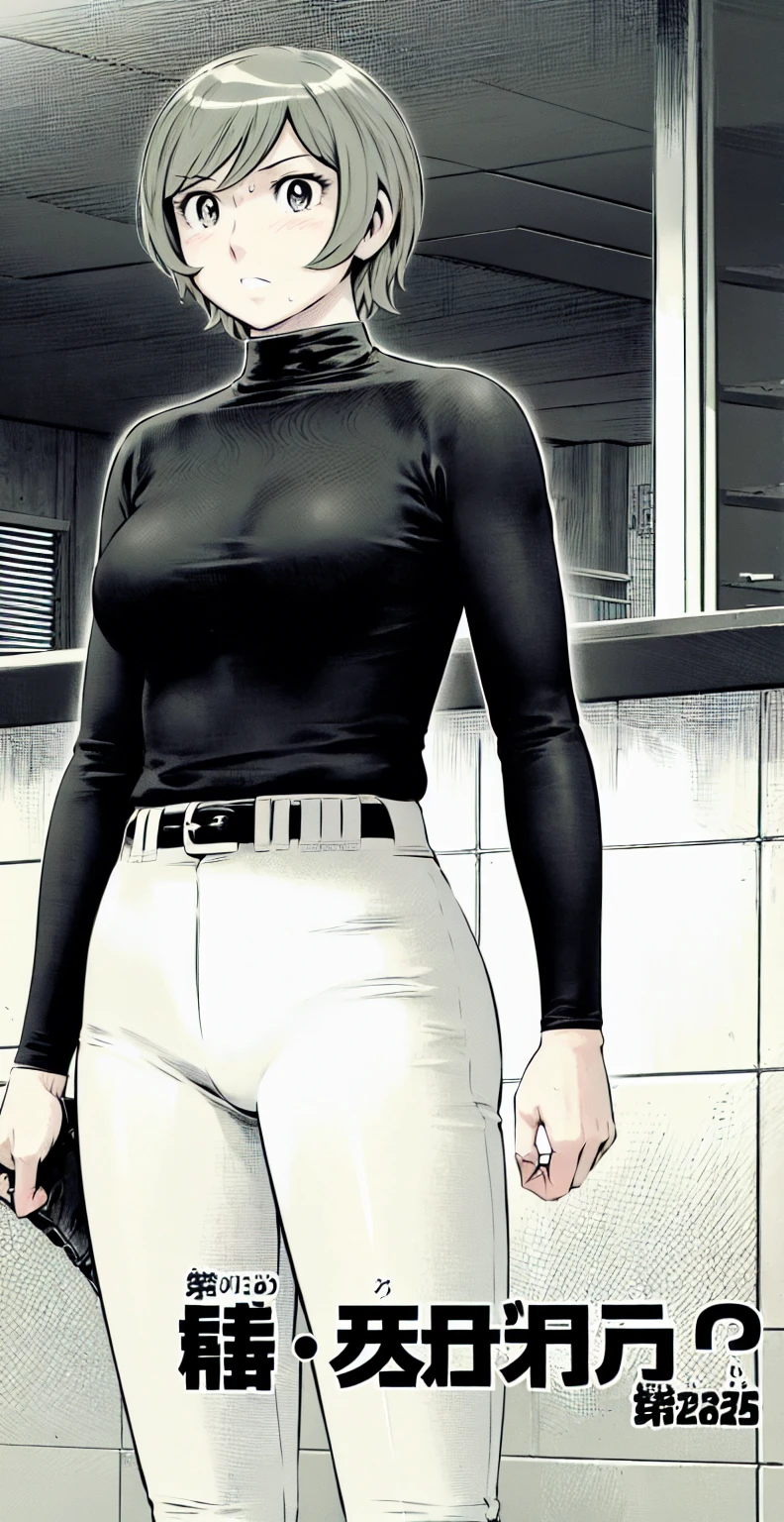 (野球uniform:1.2),
Blonde Hair, (short hair:1.2),Long sleeve, Black Shirt, turtleneck,White trousers、uniform、Black belt、((Illustration of people))、Big Boobs、
View Audience,, (Highest quality:1.3),One Girl, White pants、uniform、indoor、baseball 、White wall、blue eyes、Tight black shirt、(masterpiece、Highest quality)、Highest quality, Ultra-high resolution, (((masterpiece))), alone, Sweat、Big eyes、Big Breasts、One Girl, Front view、Embarrassed face、Bronze colored hair、((short hair))、Stand up straight、Cowboy Shot