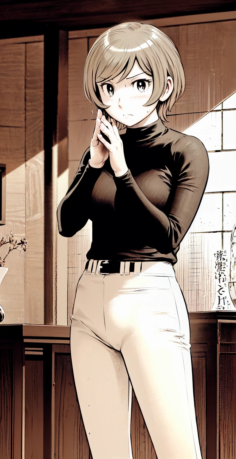 (野球uniform:1.2),
Blonde Hair, (short hair:1.2),Long sleeve, Black Shirt, turtleneck,White trousers、uniform、Black belt、((Illustration of people))、Big 、
View Audience,, (Highest quality:1.3),One Girl, White pants、uniform、indoor、baseball 、White wall、blue eyes、Tight black shirt、(masterpiece、Highest quality)、Highest quality, Ultra-high resolution, (((masterpiece))), alone, Sweat、Big eyes、Big Breasts、One Girl, Front view、Embarrassed face、Bronze colored hair、((short hair))、Stand up straight、Cowboy Shot