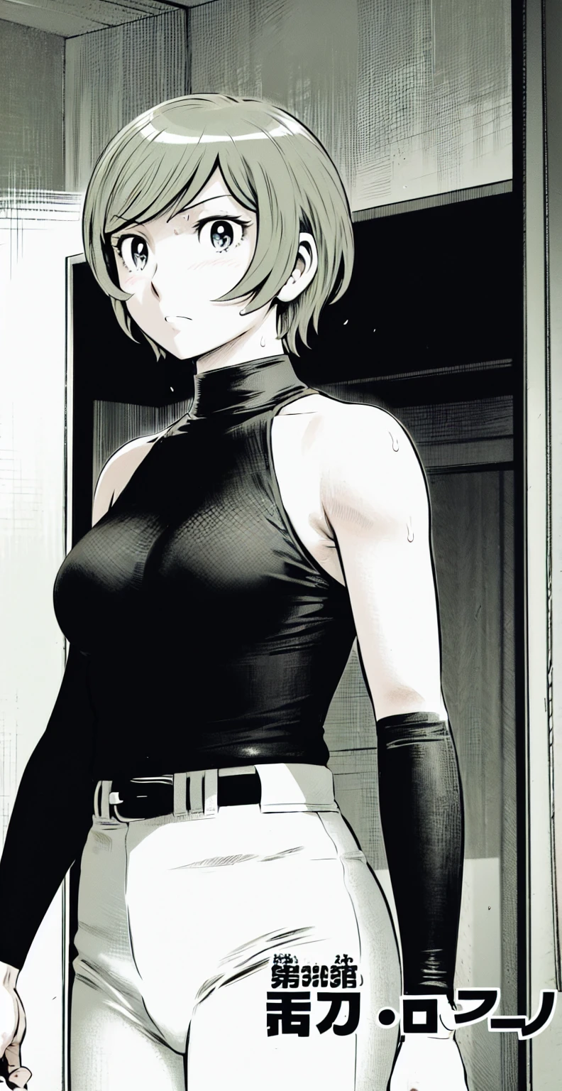 (野球uniform:1.2),
Blonde Hair, (short hair:1.2),Long sleeve, Black Shirt, turtleneck,White trousers、uniform、Black belt、((Illustration of people))、Big 、
View Audience,, (Highest quality:1.3),One Girl, White pants、uniform、indoor、baseball 、White wall、blue eyes、Tight black shirt、(masterpiece、Highest quality)、Highest quality, Ultra-high resolution, (((masterpiece))), alone, Sweat、Big eyes、Big Breasts、One Girl, Front view、Embarrassed face、Bronze colored hair、((short hair))、Stand up straight、Cowboy Shot