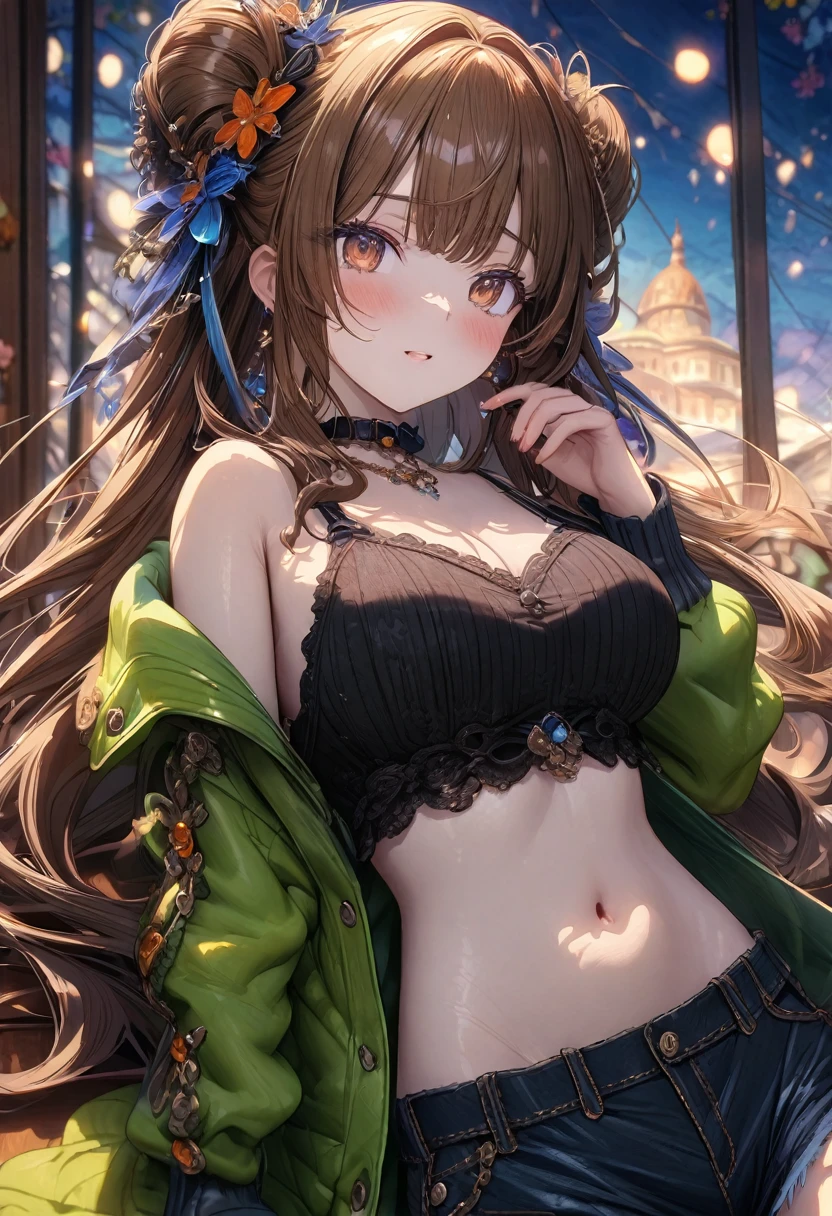 ((masterpiece), best quality, very aesthetic, newest, absurdres, detailed, high quality)
BREAK
highest quality, top quality, details, highres, ultra fine painting, digital art, official art, cinematic, 4k, 8k resolution, 8K CG wallpaper, CG, original artwork, detailed background, colorful background, blue atmosphere, High Dynamic Range, blurry background, blue hour, Starburst effects, crepuscular rays, good ISO, high resolution, wide shot, from far away, RAW photo, POV, sharp focus, light reflection, reflections, intricate details, soft light, particle noise, professional photography, bokeh, depth of field, natural lighting, vibrant colors, looking away, detailed lights and shadows, stylish, ultra-detailed, top rated on Pixiv, trending on Artstation, niji style, modern-days, master crafted, pose
BREAK
solo, close up shot, from above, 1girl, pale skin, correct fingers, detailed hand, (:1.2), big thighs, small torso, short body, flushtered, blush, anxious expression, embarassed, embarassed act, casual, slim, ((cute, childlike face):1.3), nice , nice body, brown hair, (very long flowing hair), (big 2 buns hairstyle)), long bangs, long hair, middle hair bangs, brown eyes
BREAK
(black string tank top, choker, off shoulder open green hoodie, (tummy skin), open unbuttoned shorts, many colors outfit ornaments) 
BREAK
bed with a white sheet, pixiv, conceptual art, messy bed,  bed, anime background art, relaxing concept art, lying at the bed, beautiful anime scene, bed is not made, beautiful anime artwork, bed, anime background, laying on a bed, soft anime illustration