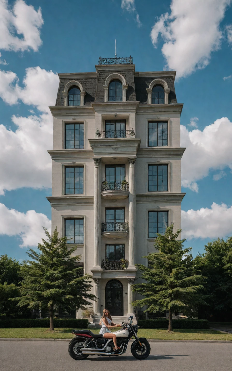 Raw photo,Masterpiece, high quality, best quality, authentic, super detail,
exterior, outdoors, house style neoclassic on the street ,aiaigroup, car, motobike, girl, human,
road,pavement, grass, trees, sky, cloud, (day:1.1)