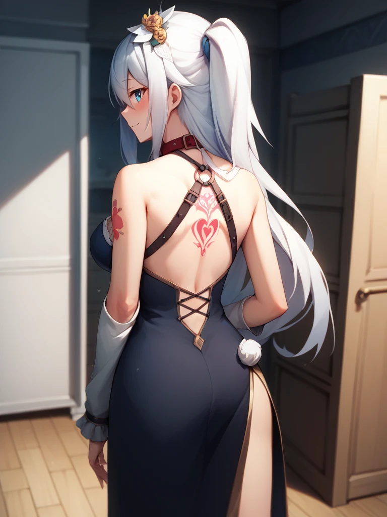 score_9, score_8_above, score_7_above,
eris,1 girl,alone,Blue eyes,for white,hair between the eyes, very long hair, clavicle, alone,long sleeves,wearing a wedding dress,wear a dog collar, bedroom, Naughty belly tattoo, the pregnancy, slave 