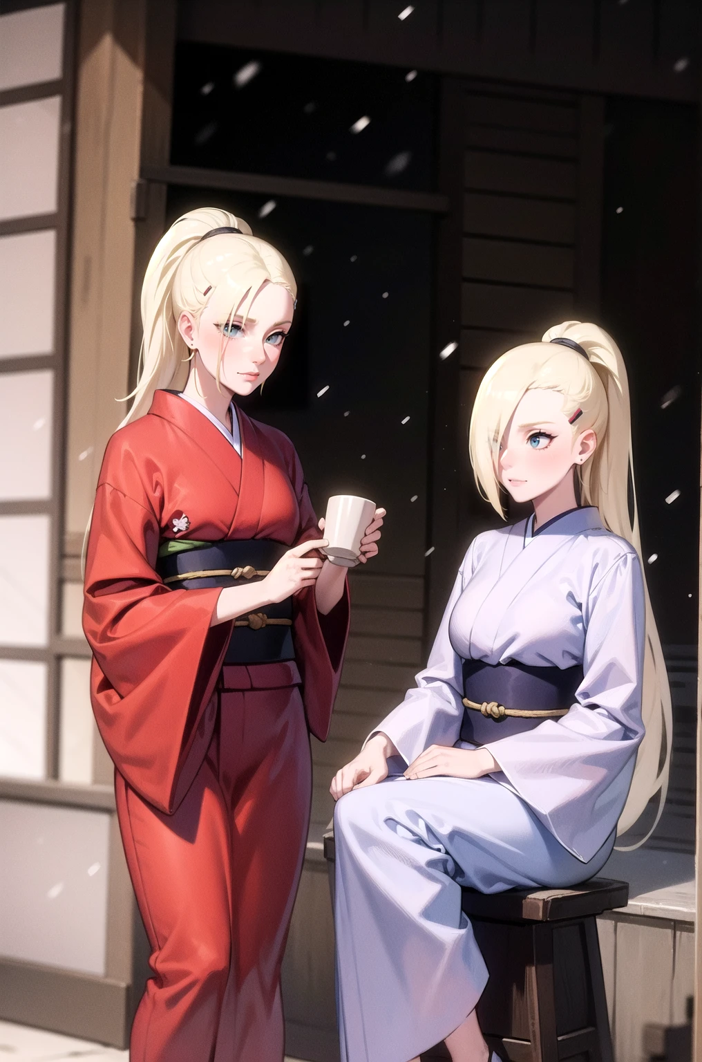 yamanaka ino, kimono, snowing, sitting,