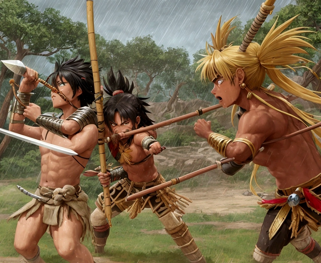 manga, toons, anime: battle between the AZTEC ARMY AND THE MAYAN ARMY, FIERCE BATTLE, HD, rain of atlatl crystal spears, bow and arrow, slings and blowguns, and for hand-to-hand combat they used spears, mallets and, probably , knives, lots of action and color